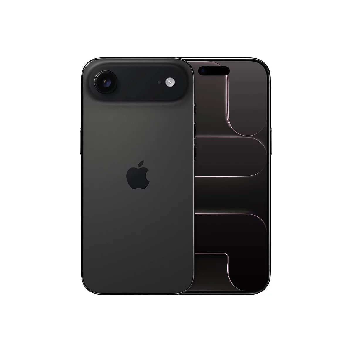Schwarzes Smartphone mit Kamera und Apple-Logo auf der Rückseite sowie Displayansicht vor weißem Hintergrund.