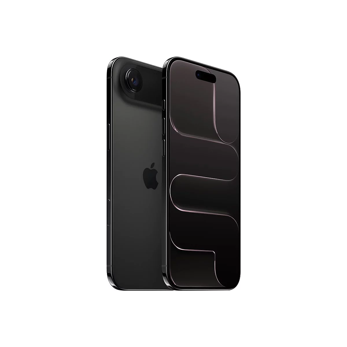 Schwarzes Smartphone von vorne und hinten, mit Apple-Logo und abstraktem Display-Design auf weißem Hintergrund.