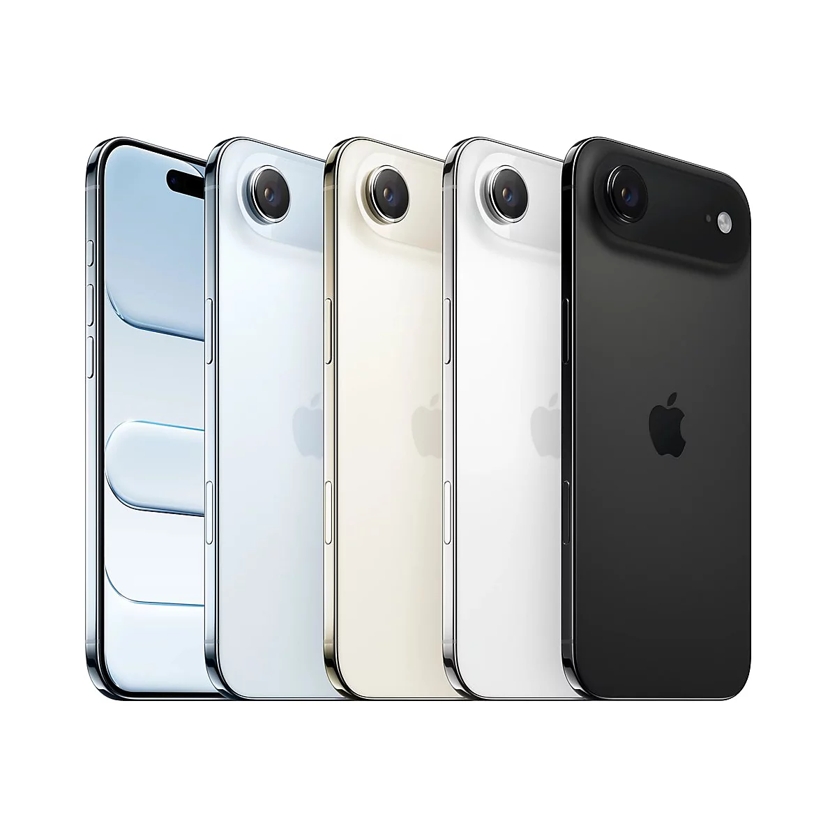 Vier Smartphones in verschiedenen Farben stehen nebeneinander vor weißem Hintergrund.