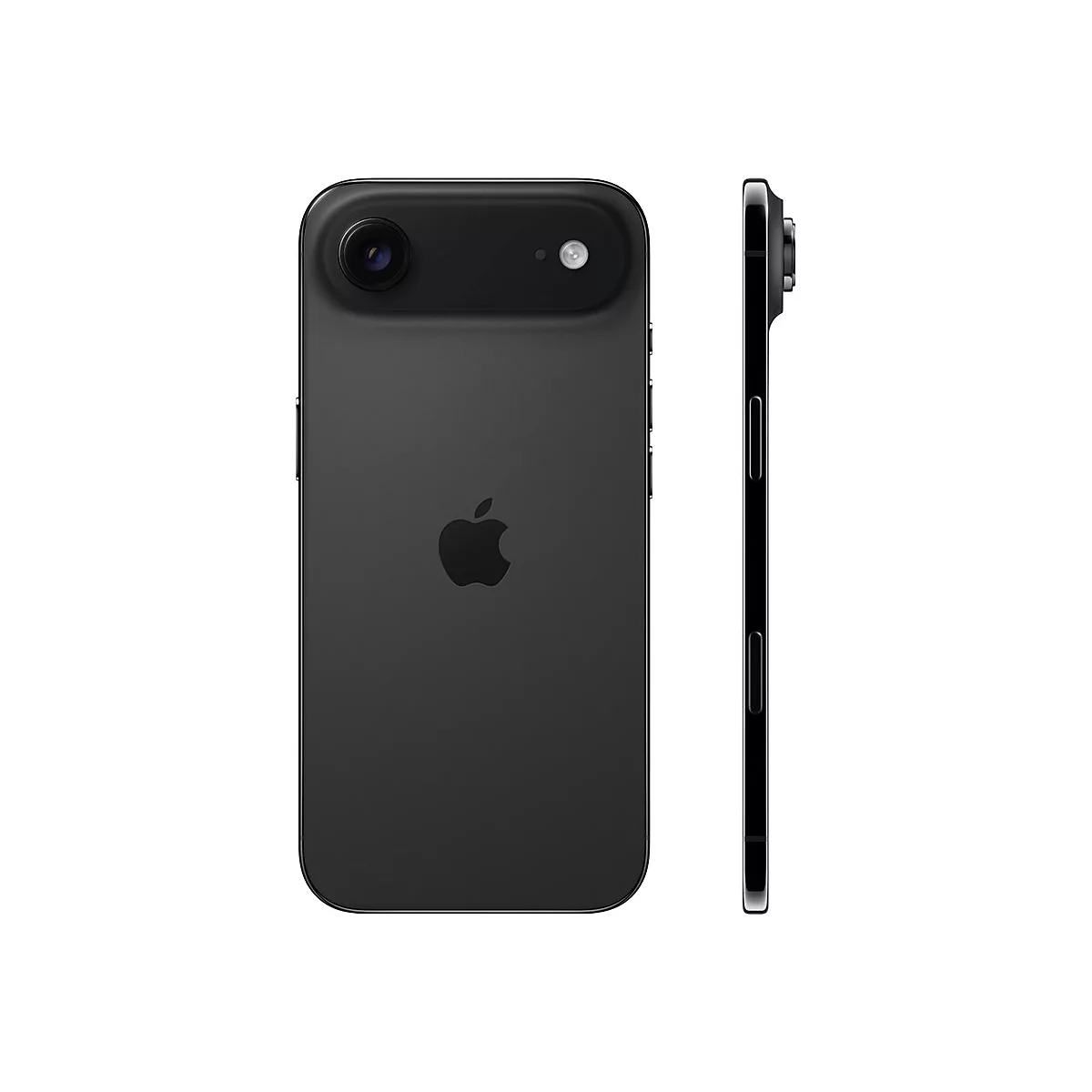Schwarzes Apple iPhone mit Kamera-Modul und Apple-Logo vor weißem Hintergrund, Vorder- und Seitenansicht.