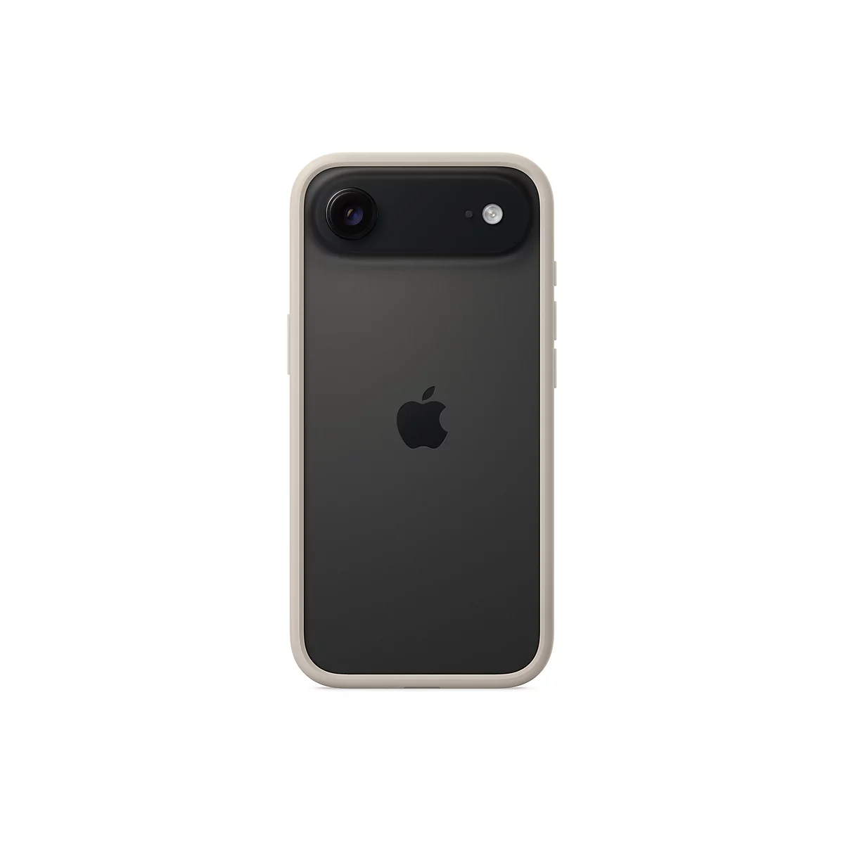 Un smartphone noir avec un cadre de couleur crème, sur fond blanc. Le logo Apple est visible au dos.