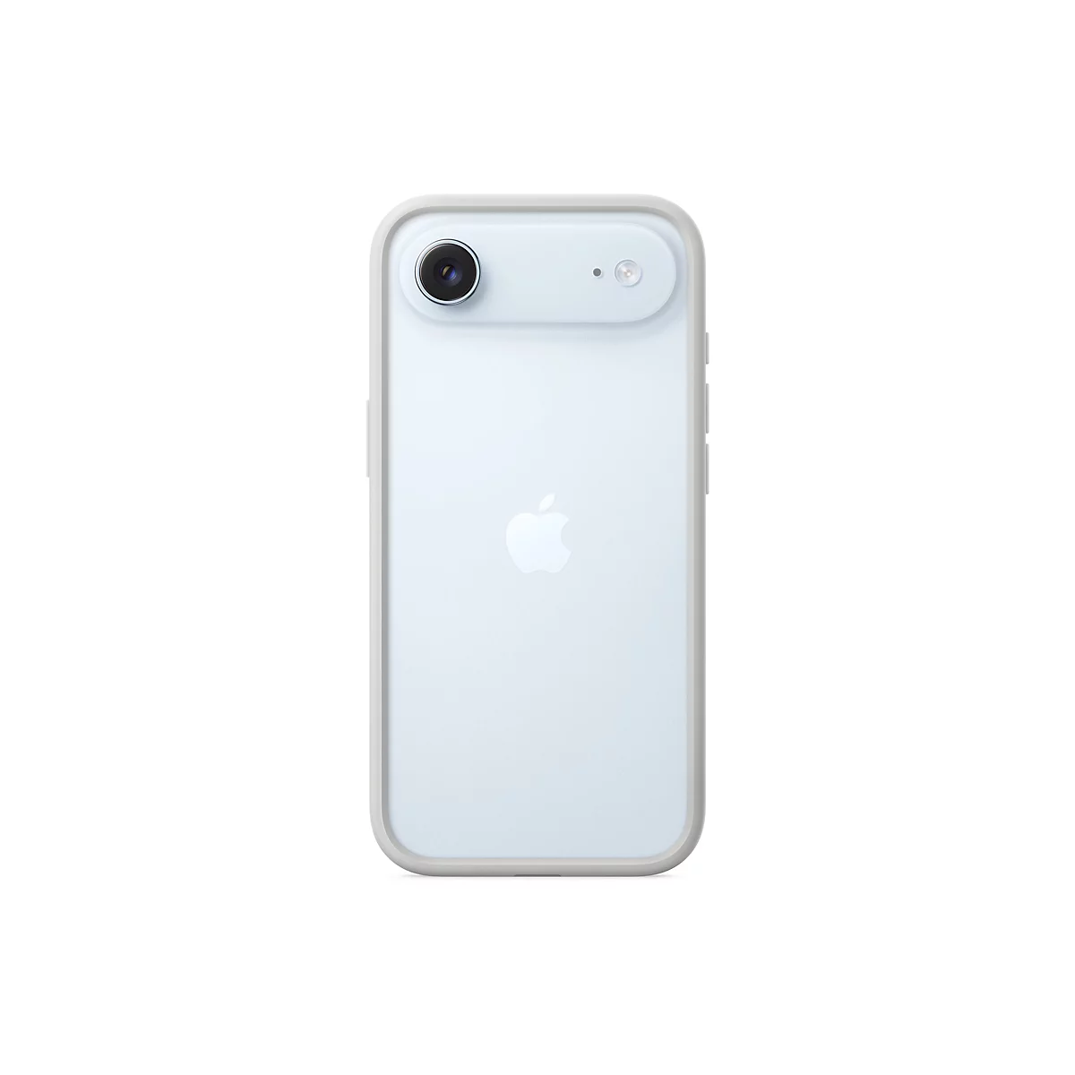 Dos d'un smartphone bleu clair avec caméra et logo Apple, encadré par une coque gris clair.