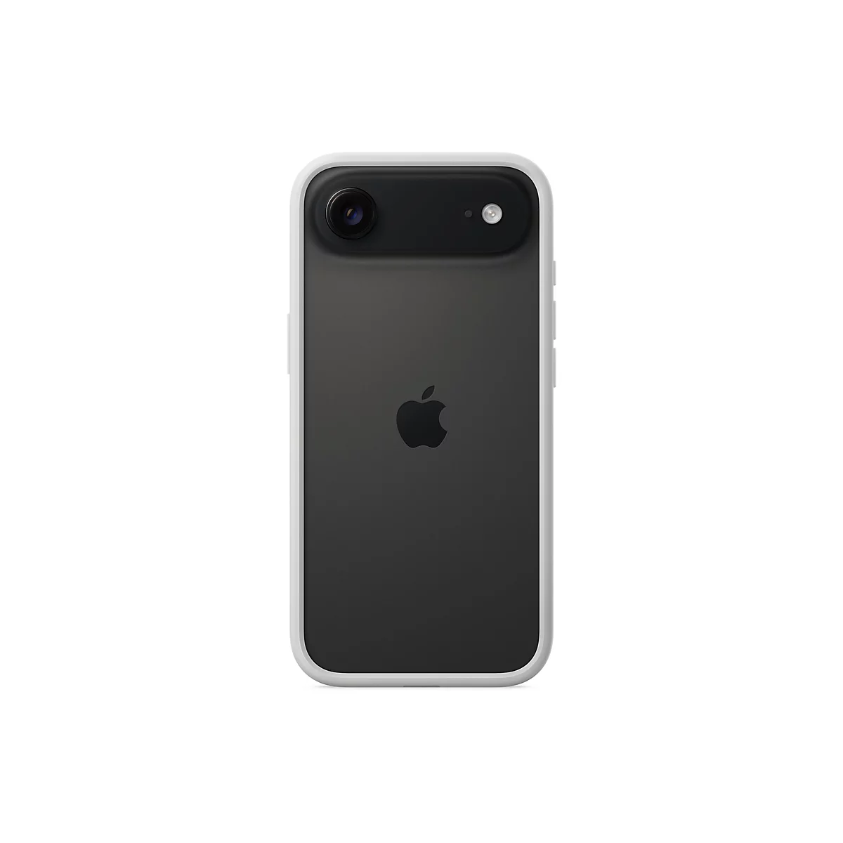 Smartphone gris foncé avec cadre blanc sur fond blanc. Un logo Apple est visible au dos.
