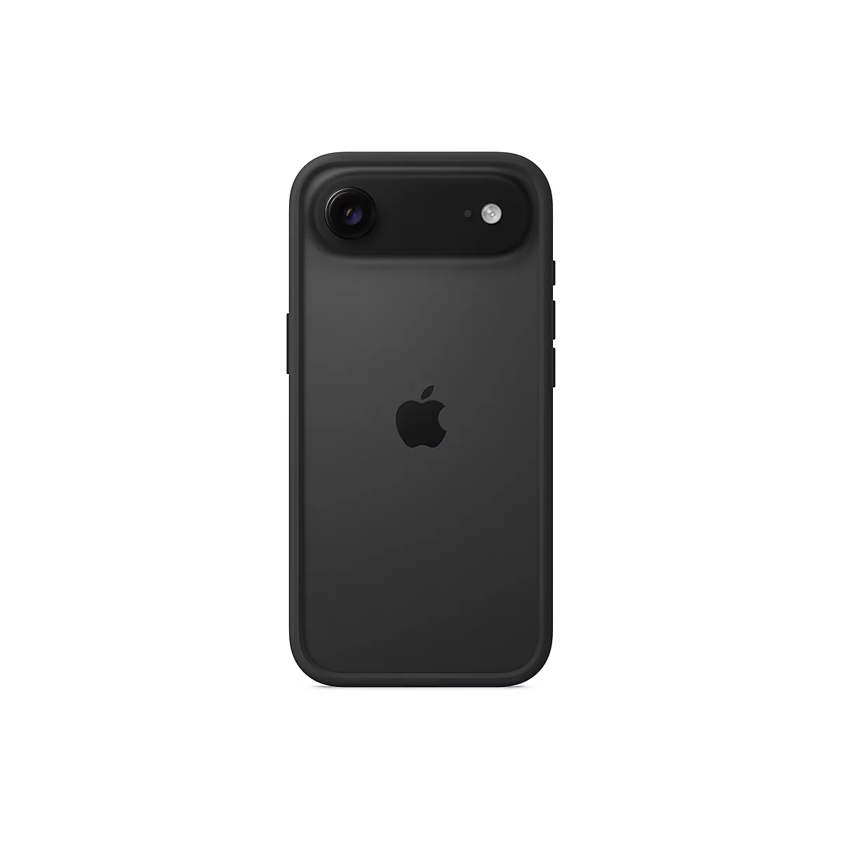 Smartphone noir, logo Apple au dos, caméra en haut, sur fond blanc.