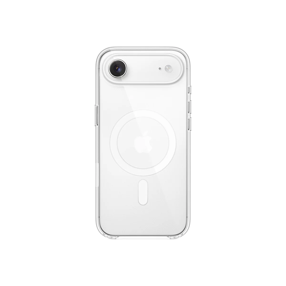 Coque de téléphone transparente avec découpe pour appareil photo et logo Apple, sur fond blanc.