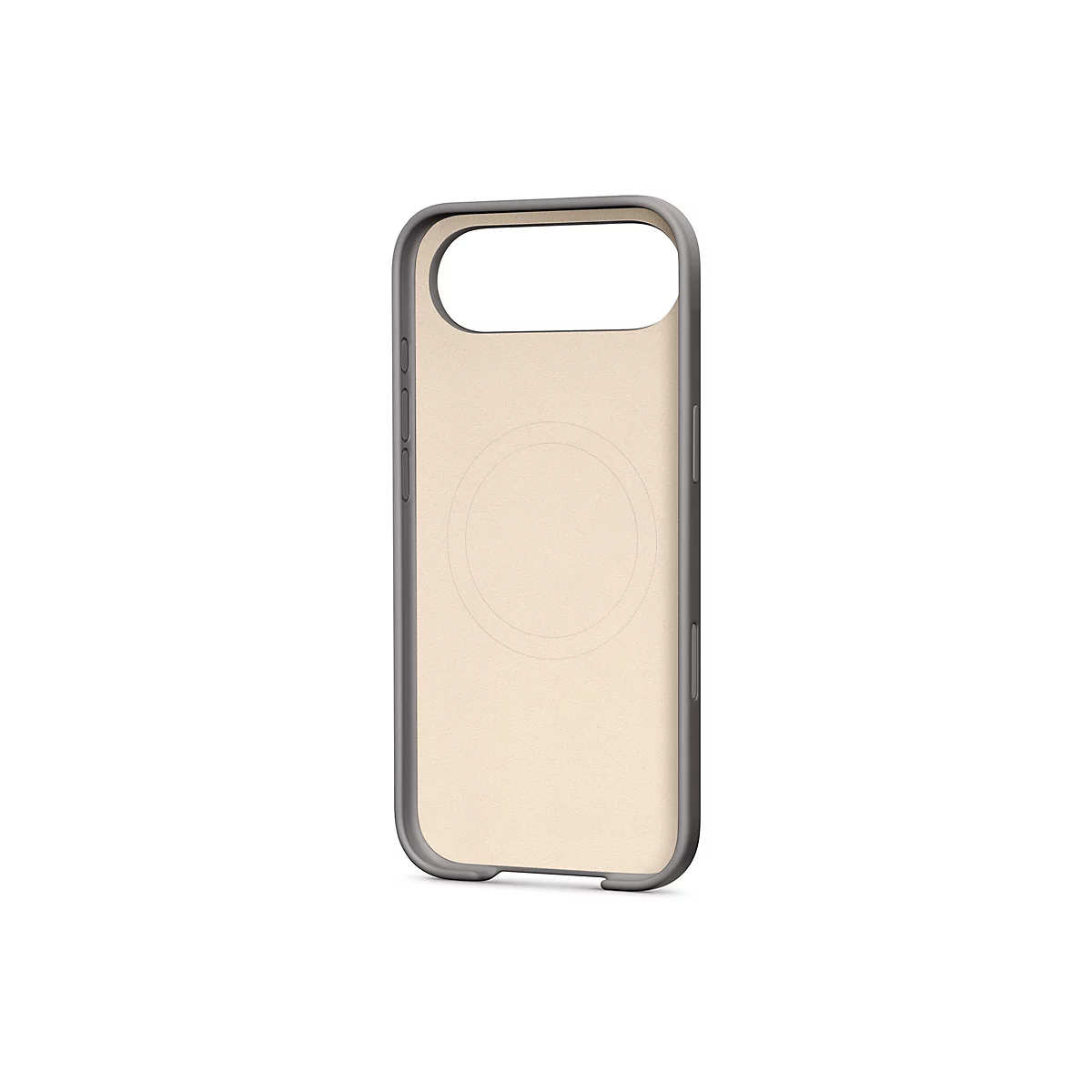 Coque de téléphone marron clair avec des bords gris, un fond blanc et un marquage circulaire.