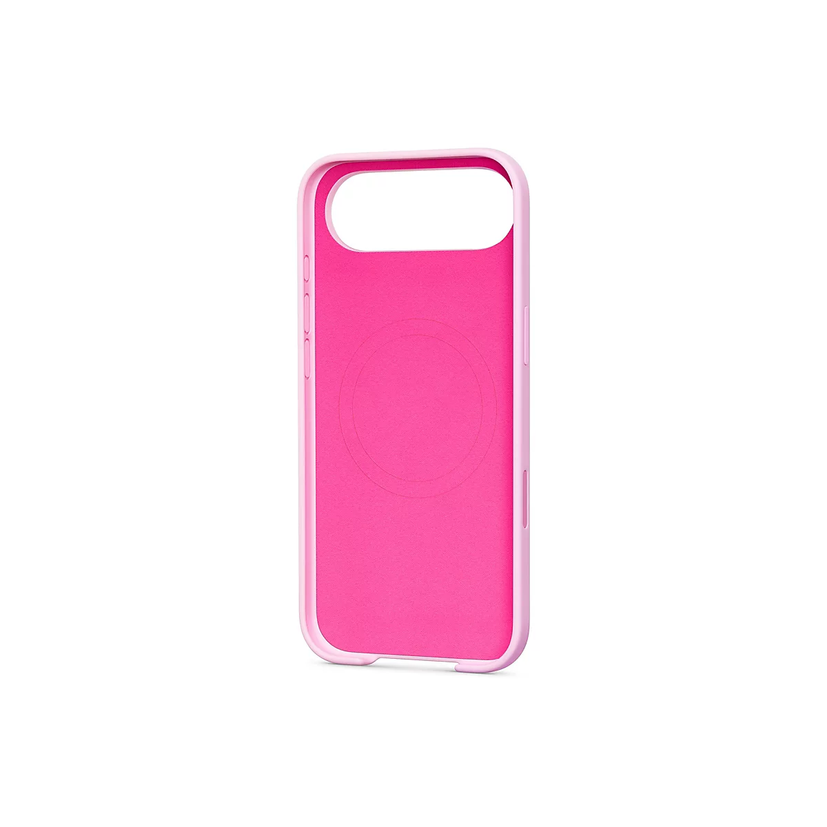 Un étui de téléphone rose, l'intérieur est également rose.