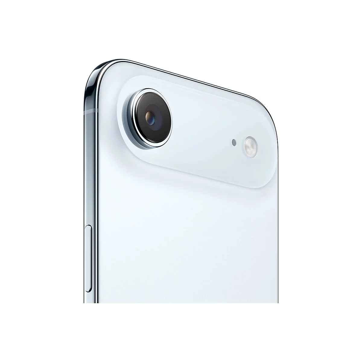 Gros plan sur la caméra d'un smartphone bleu clair. Le module de la caméra est noir avec un bord argenté.