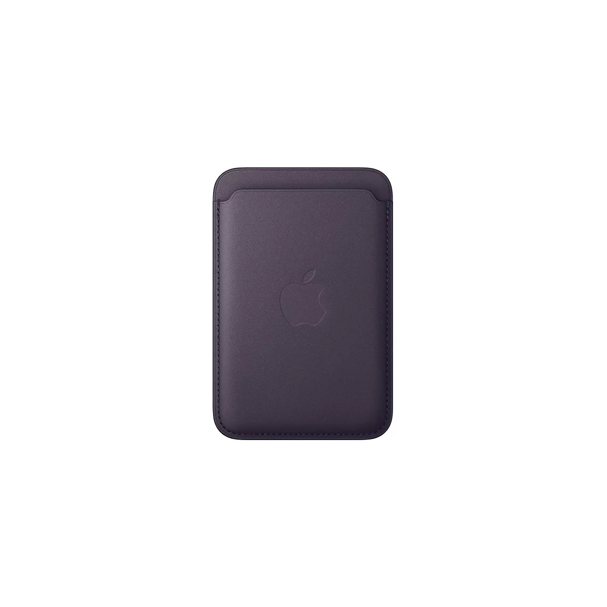 Porte-cartes bleu foncé avec logo Apple. Forme rectangulaire, coins arrondis, aspect cuir.
