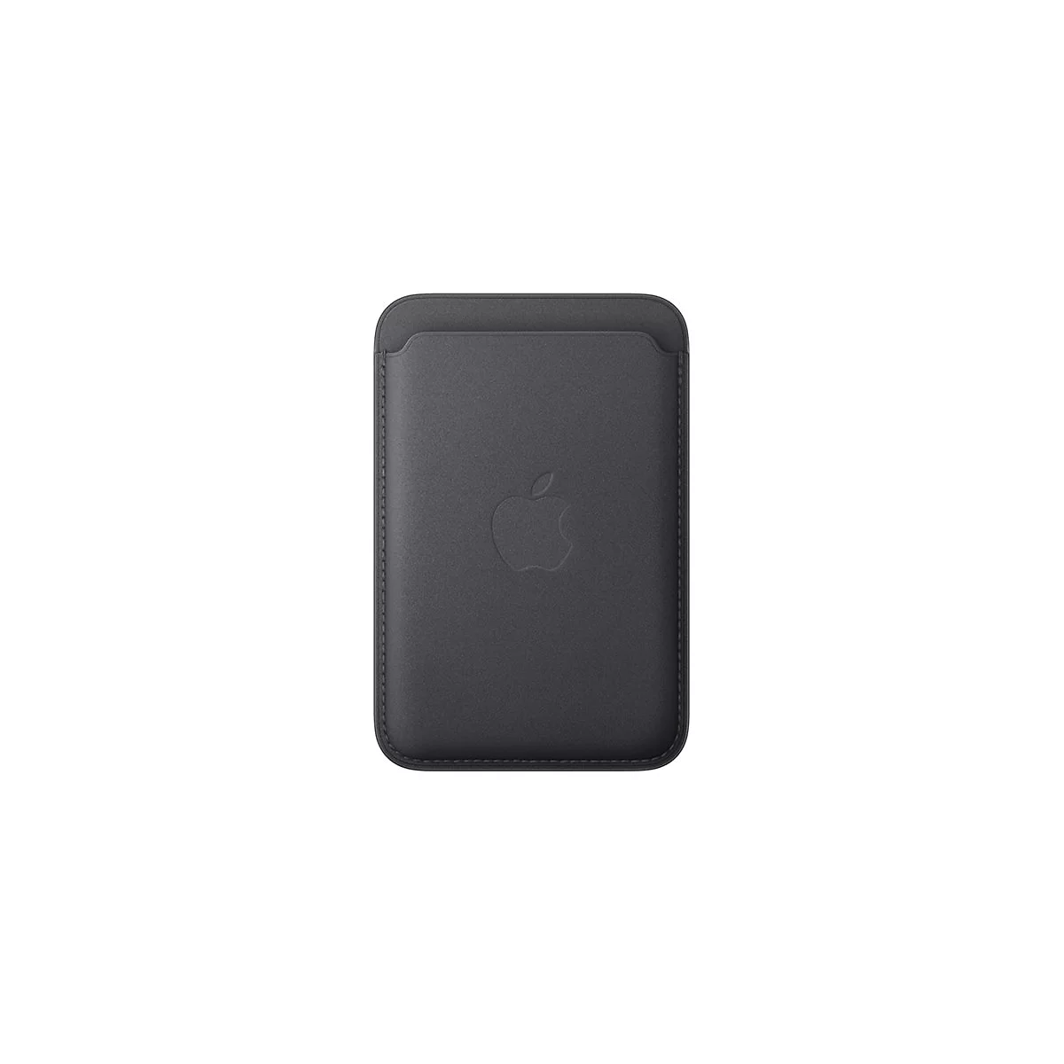 Porte-cartes en cuir gris foncé avec logo Apple. Coutures décoratives sur les bords.