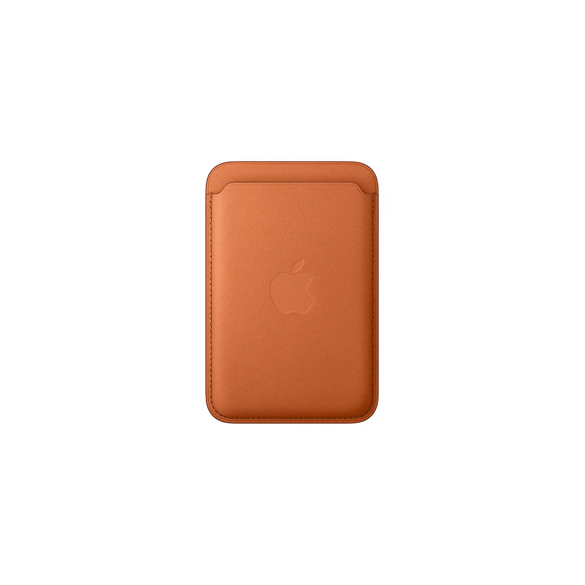 Étui en cuir marron clair avec logo Apple. L'étui est rectangulaire avec des coins arrondis. Le logo Apple est subtilement en relief.