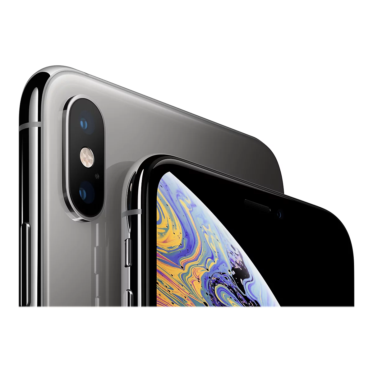 Nahaufnahme zweier Smartphones. Der Fokus liegt auf der Rückkamera und einem Teil des Displays mit bunten Wirbelmustern.