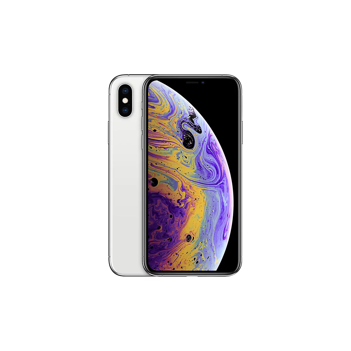 Ein weißes iPhone XS, das auf einer Seite liegt. Der Bildschirm zeigt ein farbenfrohes, abstraktes Design.
