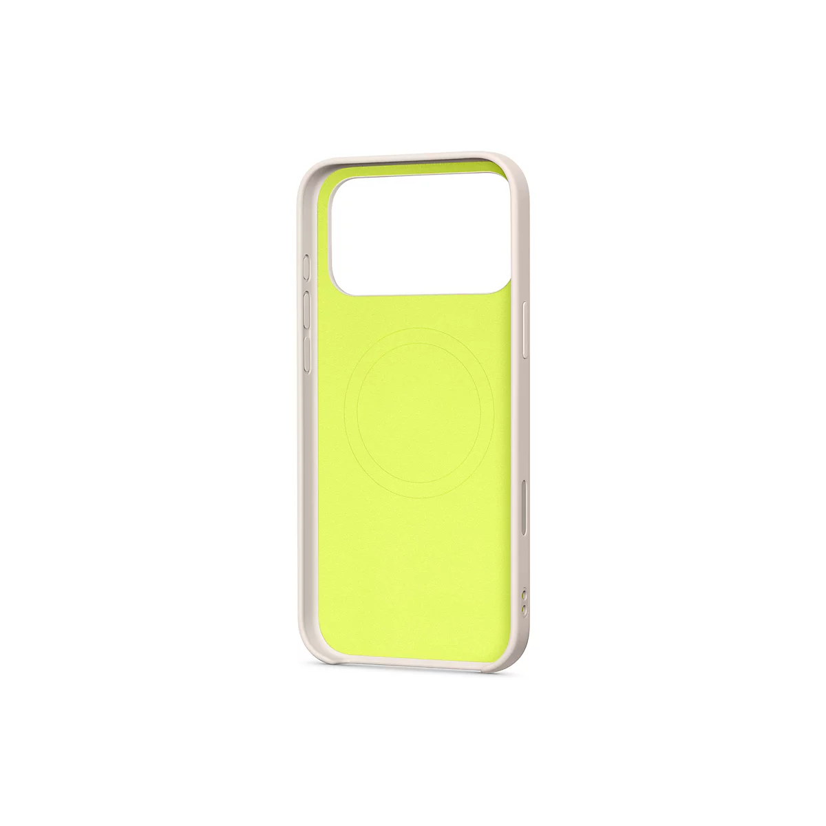 Coque de téléphone vert clair avec des bords beiges sur fond blanc. La partie intérieure présente une forme circulaire en relief.