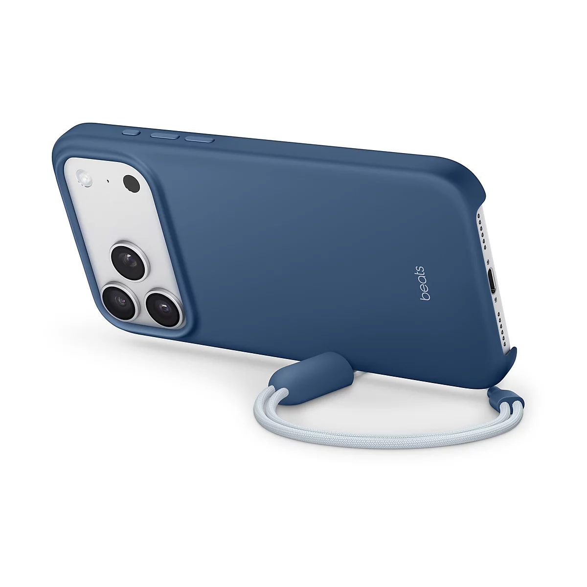 Coque de téléphone bleue avec cordon. L'étui entoure le téléphone, montrant trois objectifs et des boutons. Le cordon est gris clair.