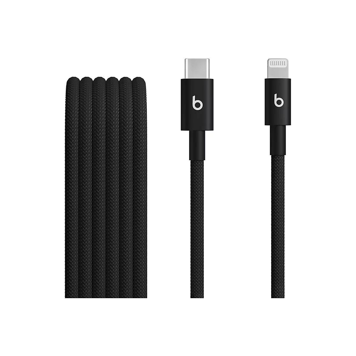 Schwarzes Beats-Ladekabel mit USB-C und Lightning-Anschluss. Das Kabel ist geflochten.