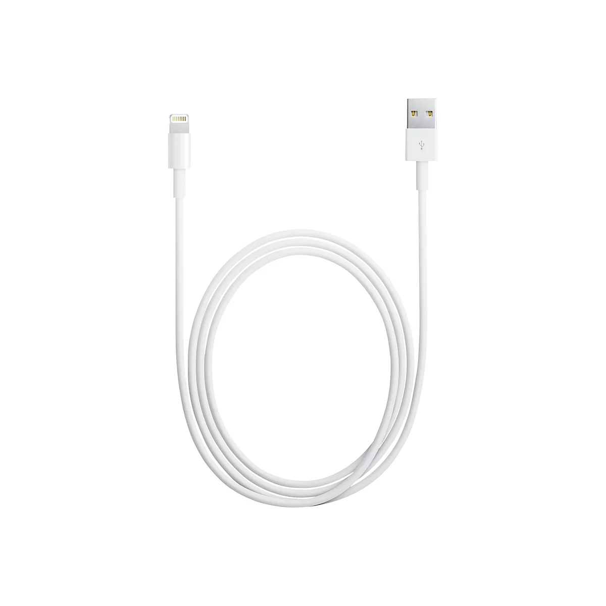 Weißes Lightning-auf-USB-Kabel, spiralförmig angeordnet vor weißem Hintergrund.