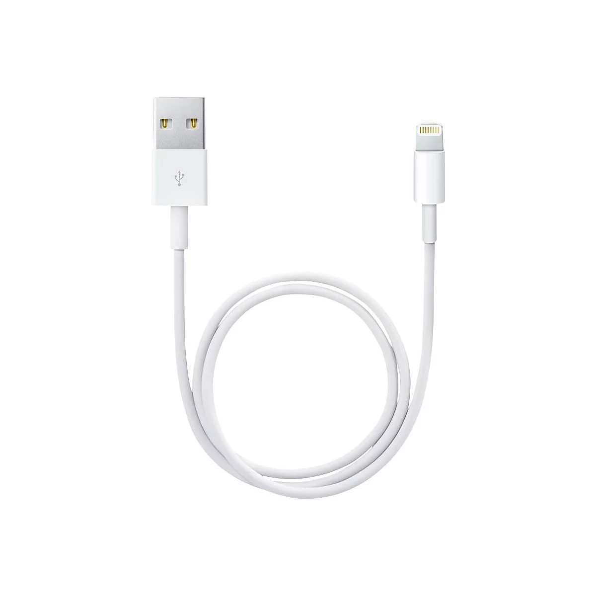 Weißes USB-A auf Lightning-Ladekabel vor weißem Hintergrund.