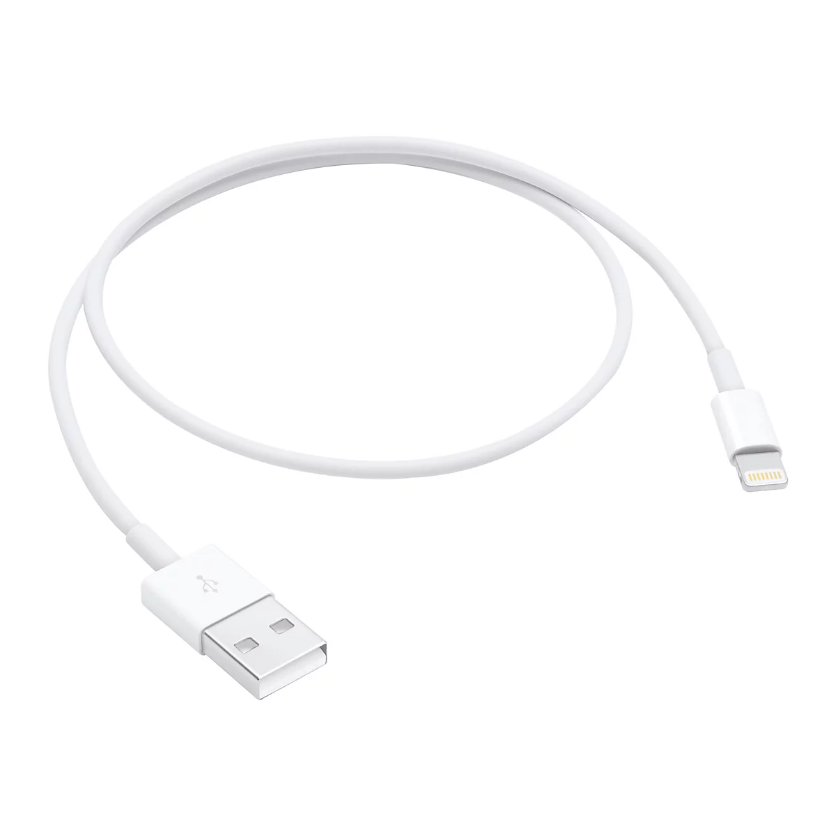 Weißes USB-A auf Lightning-Kabel, kreisförmig auf neutralem Hintergrund angeordnet.