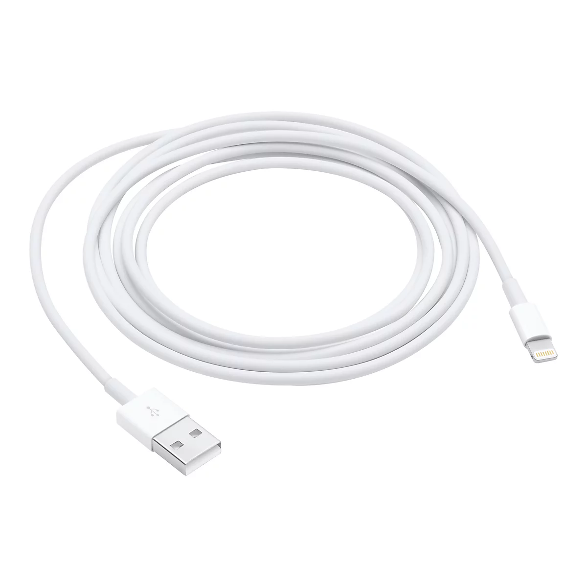 Ein weißes Lightning-auf-USB-Kabel, spiralförmig auf weißem Hintergrund aufgerollt.