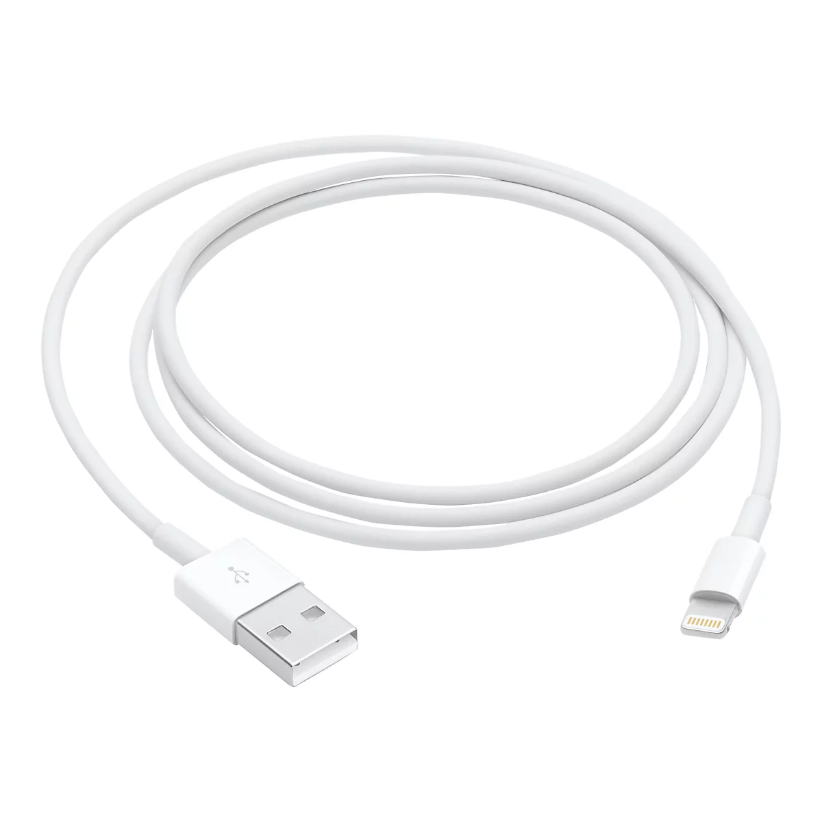 Weißes USB-auf-Lightning-Ladekabel, zu einer Spirale gewickelt vor weißem Hintergrund.