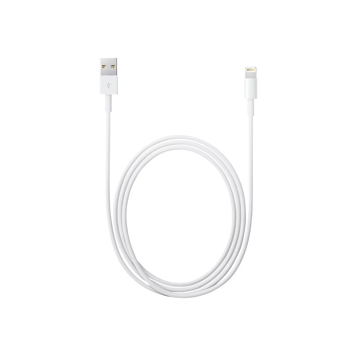 Weißes Lightning-Kabel. USB-A-Anschluss oben links, Lightning-Anschluss rechts, Kabel in Schlaufen gelegt.