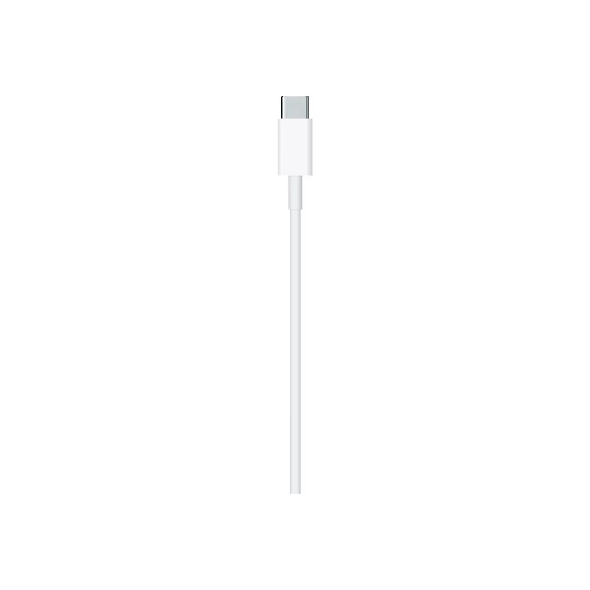 Weißes USB-C-Kabel mit glattem Stecker vor weißem Hintergrund.