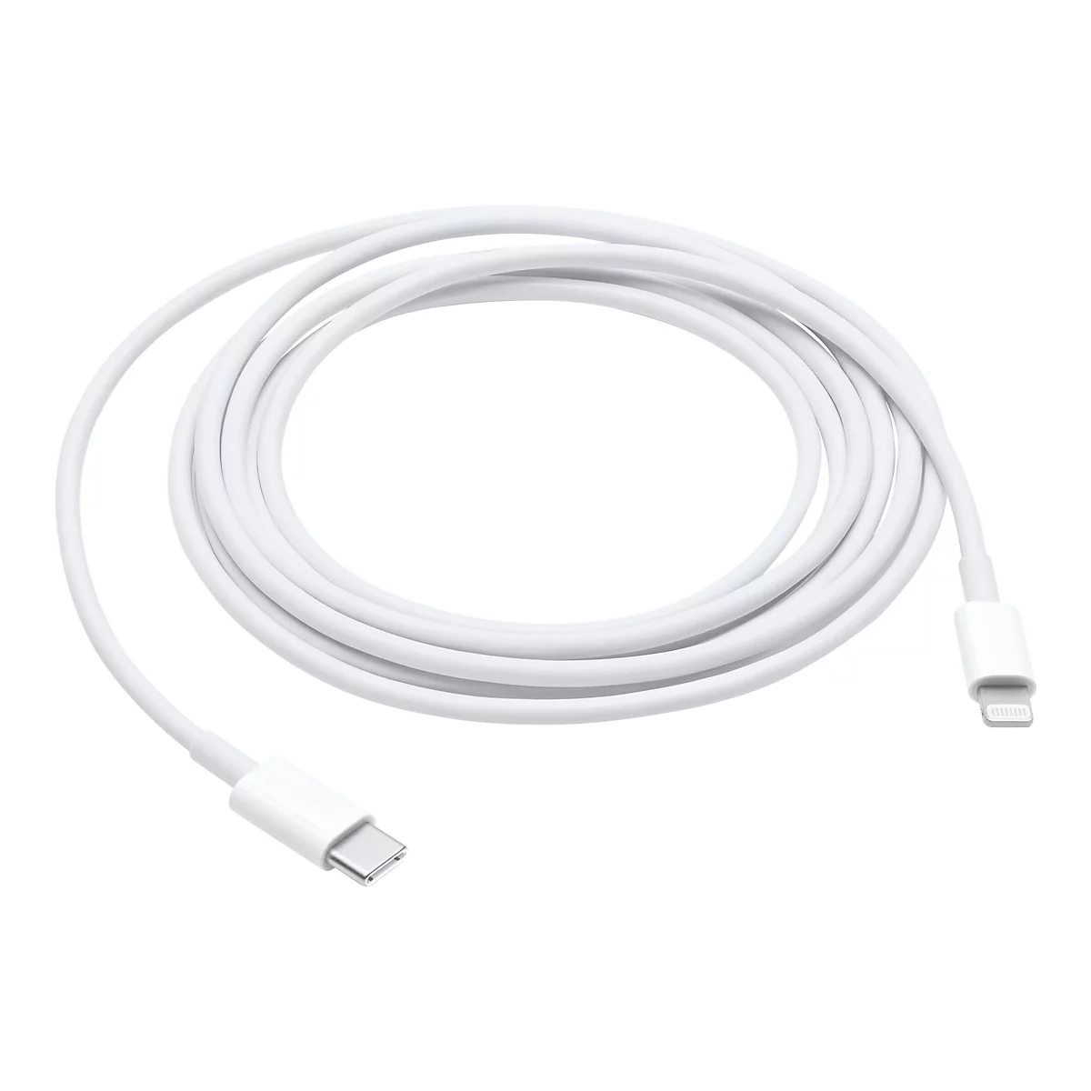 Aufgerolltes, weißes USB-C auf Lightning Ladekabel vor weißem Hintergrund.