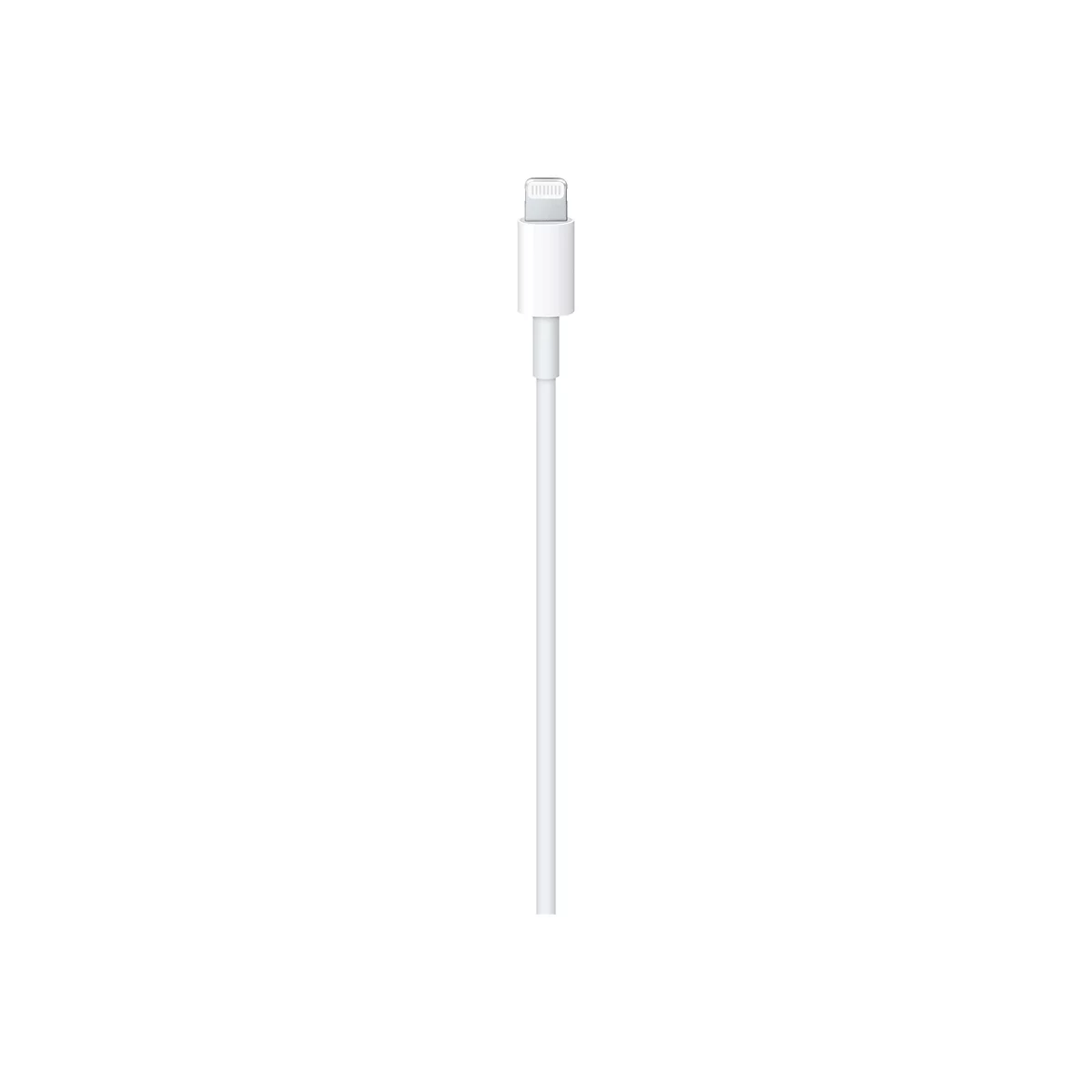 Weißes Lightning-Ladekabel mit Stecker auf weißem Hintergrund.