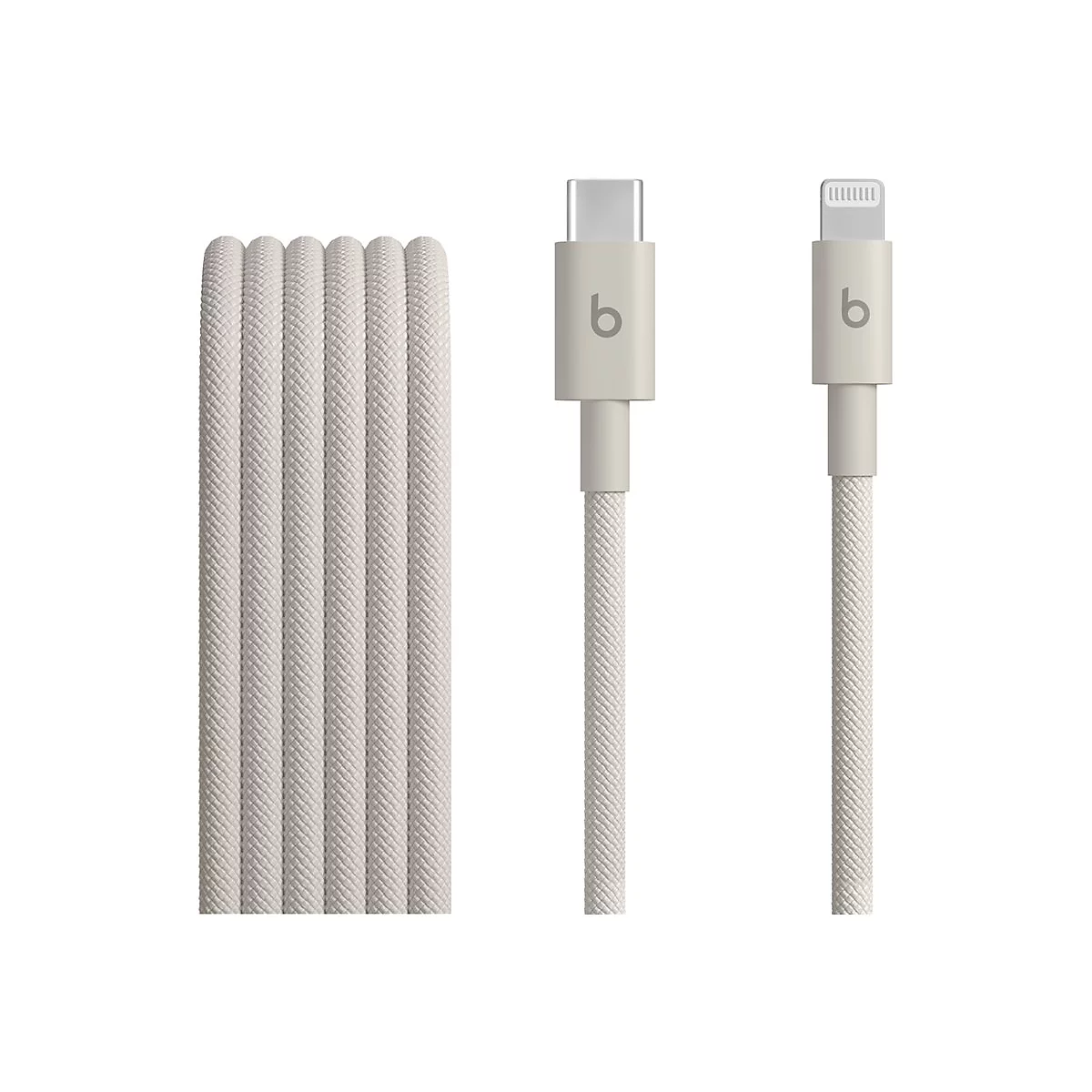 Hellgraues Ladekabel mit USB-C- und Lightning-Anschluss, geflochtenes Kabel, weißer Hintergrund.