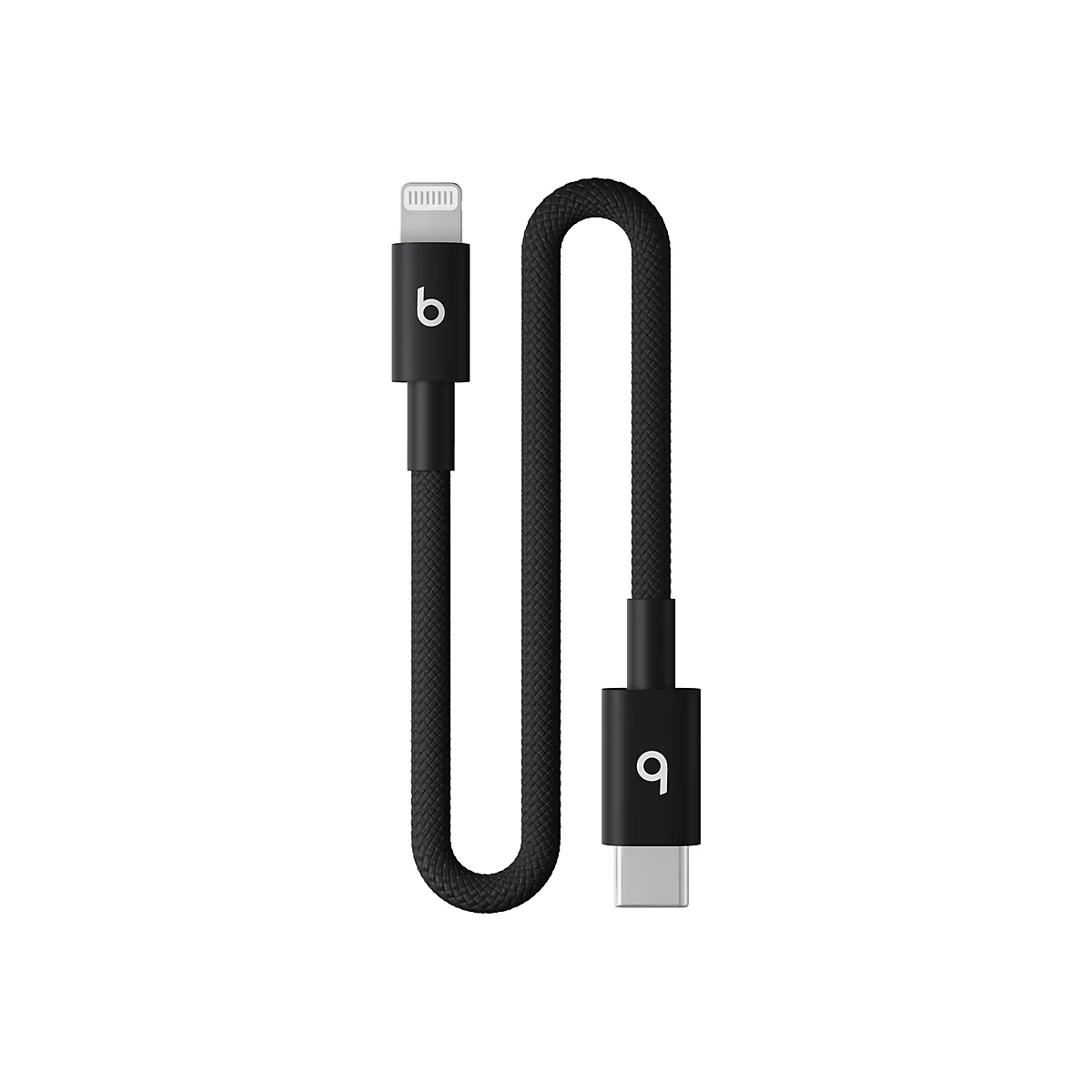 Schwarzes Ladekabel mit Lightning- und USB-C-Anschluss, geflochtenes Kabel, Beats-Logo.