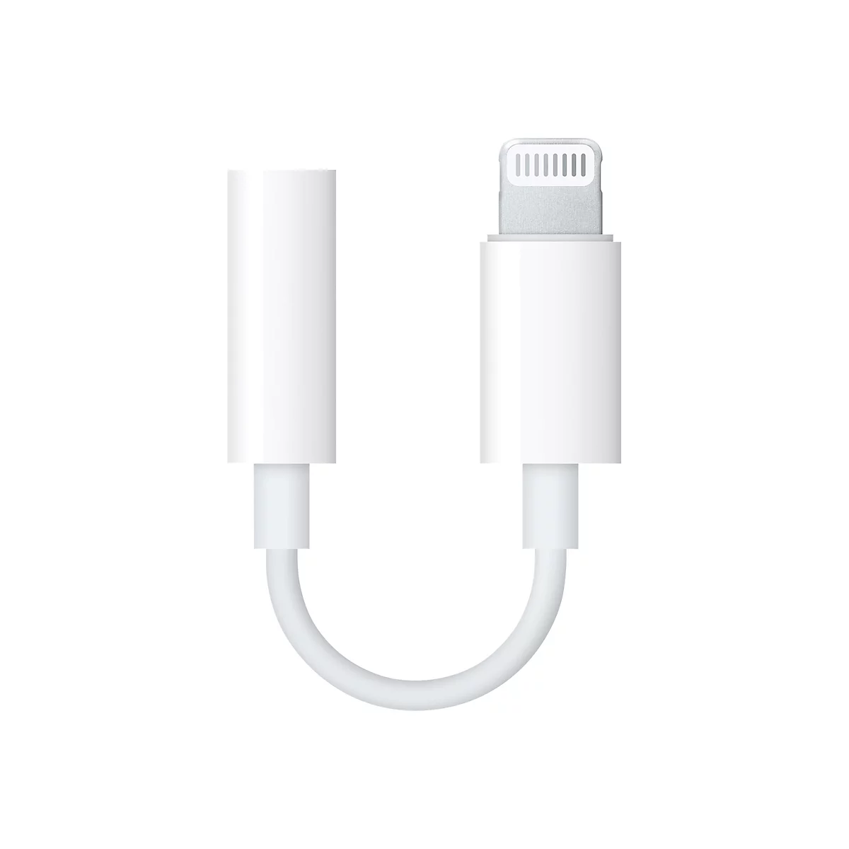 Weißer Lightning-auf-Klinkenadapter auf weißem Hintergrund.