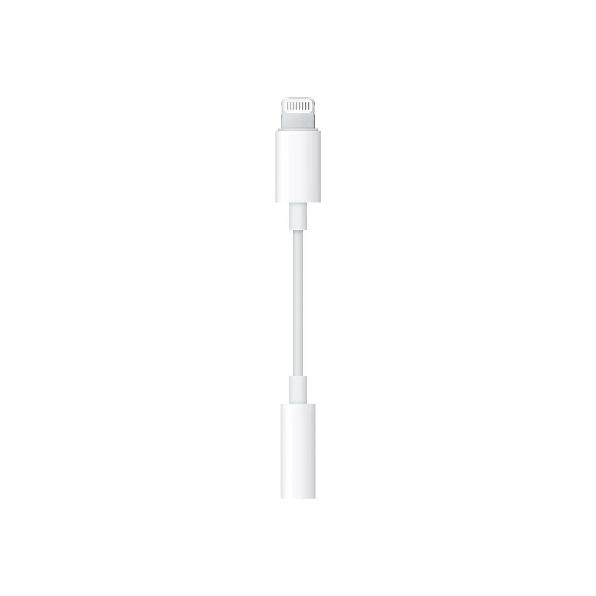 Weißer Lightning-auf-3,5-mm-Kopfhöreranschluss-Adapter auf weißem Hintergrund.