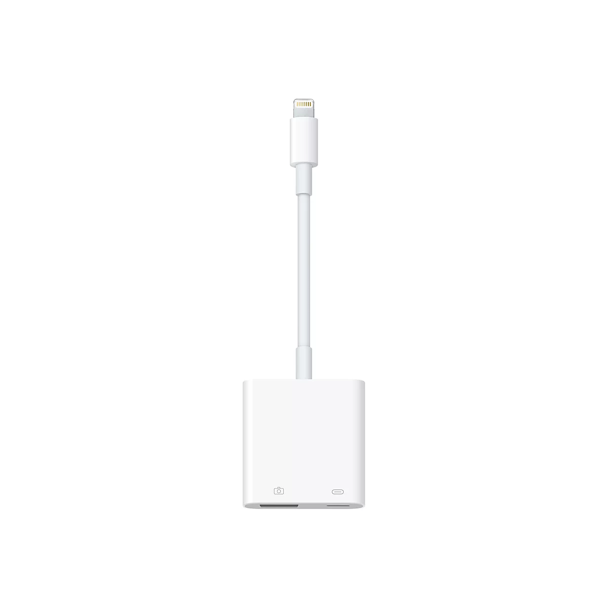 Adaptateur Lightning vers carte SD blanc, isolé sur fond blanc.