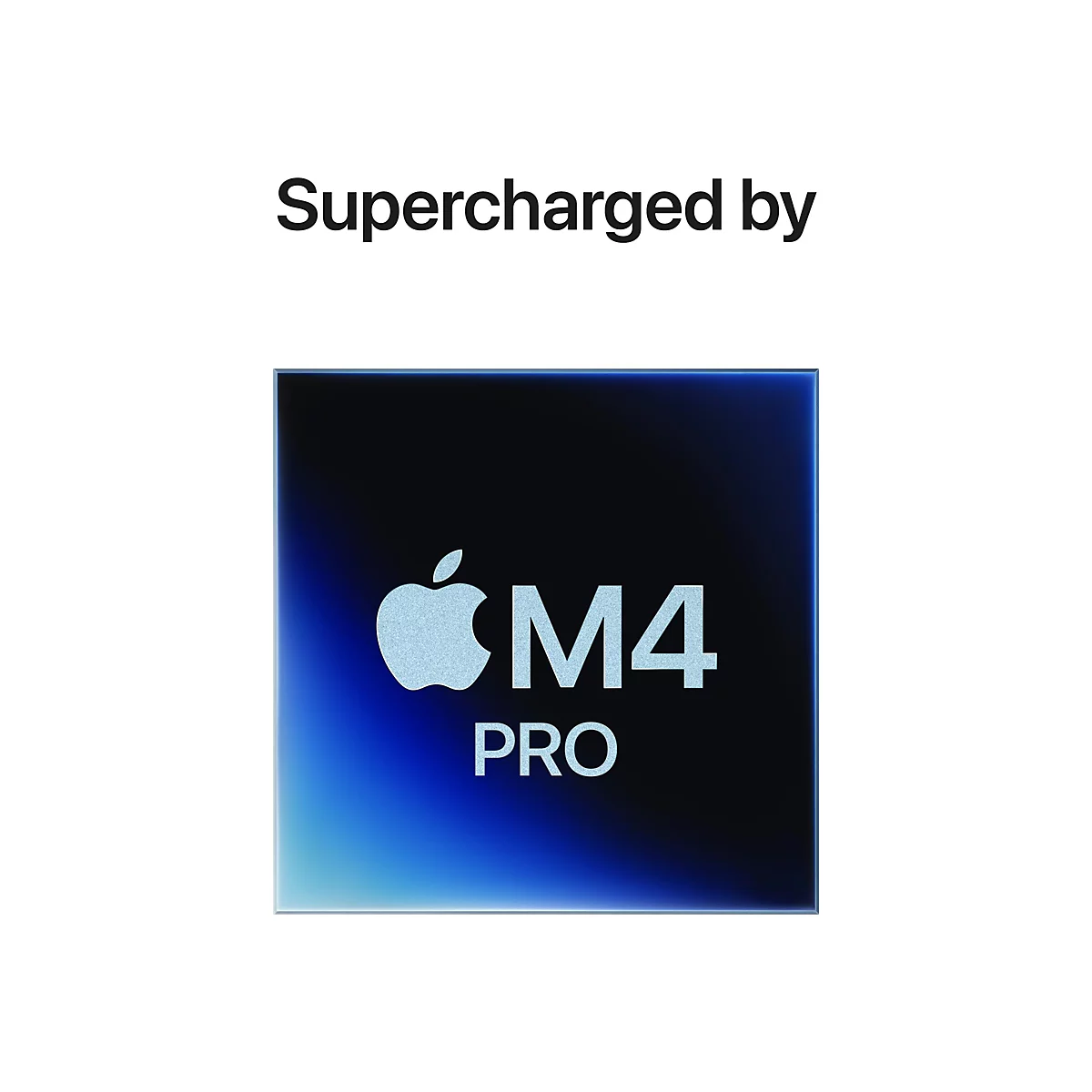 Text: Supercharged by. Darstellung des Apple M4 Pro Chips auf blau-schwarzem Hintergrund und weiÃŸem Apple Logo.