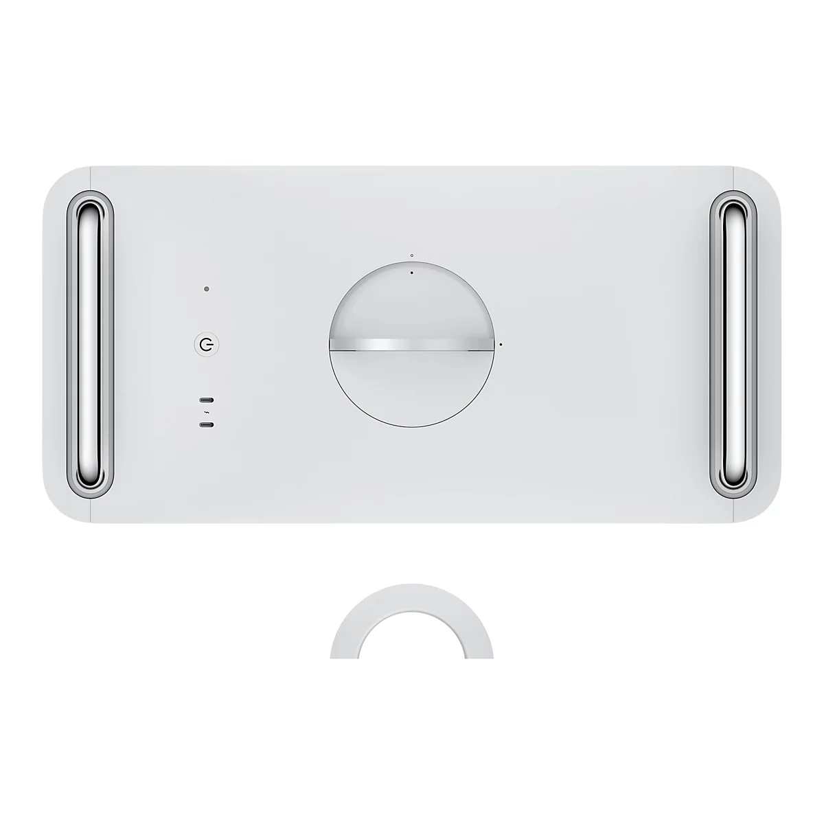Draufsicht auf einen weißen Mac Pro Computer. Oben befinden sich zwei vertikale, silberfarbene Streifen. In der Mitte ist ein runder Bereich mit einem silbernen Streifen. Auf der linken Seite befinden sich ein Ein-/Aus-Knopf und zwei kleine Lichtsymbole.