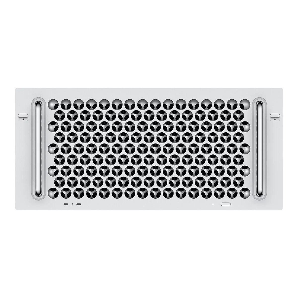 Hellgraues Computergehäuse mit Lochmuster und silbernen Griffen.