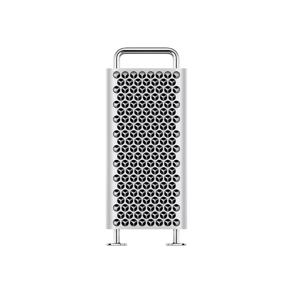 Ein silberner Mac Pro Tower mit vielen hexagonalen Löchern auf der Vorderseite, mit Griff und Füßen.