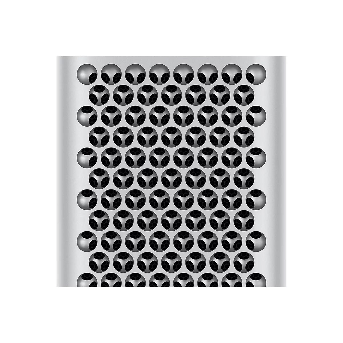 Nahaufnahme der Front des silbernen Mac Pro, mit sechseckigen Löchern. Das Gittermuster ist gleichmäßig angeordnet.
