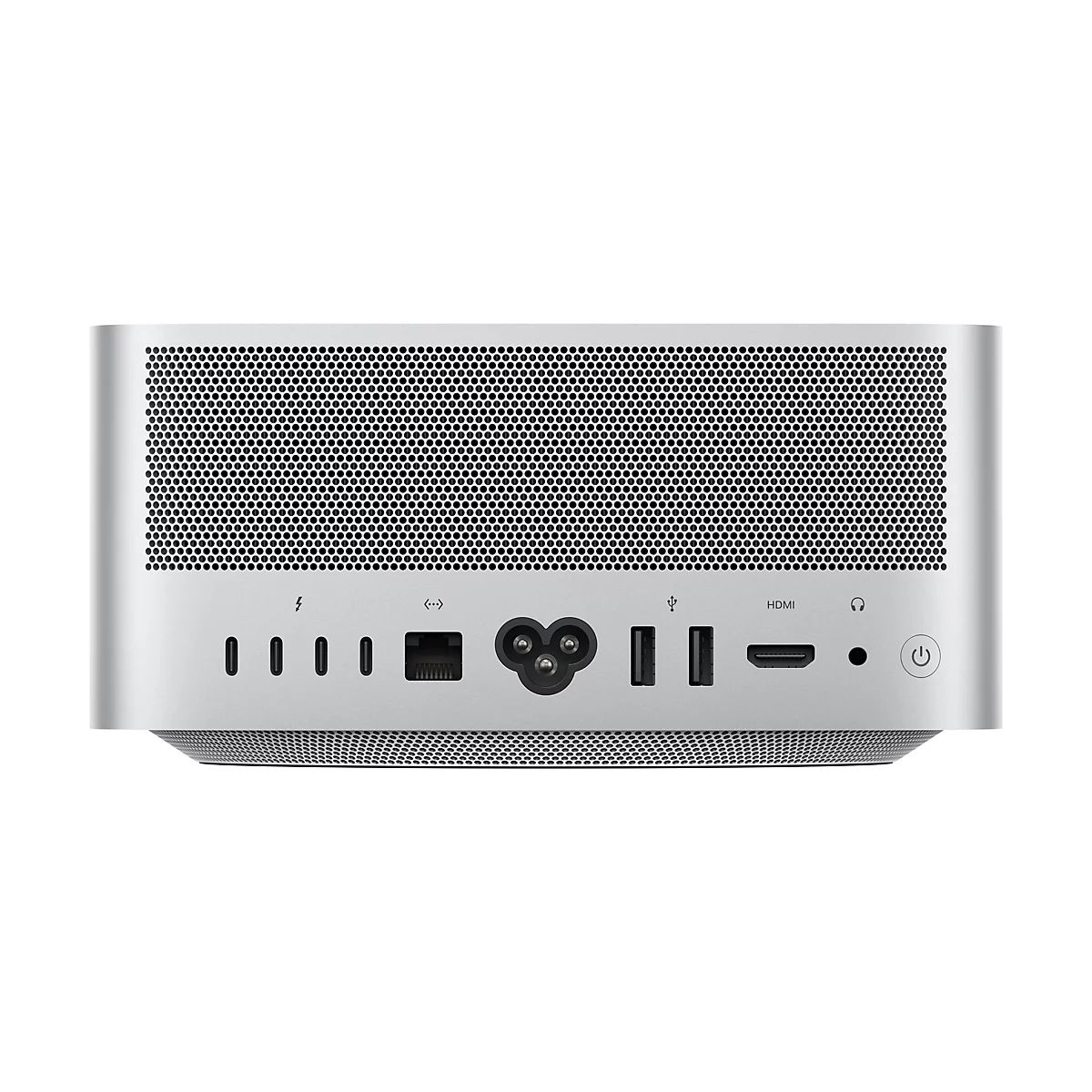 Silberfarbener Computer. Gehäuse mit Lochmuster und Anschlüssen wie USB, HDMI und Strom.