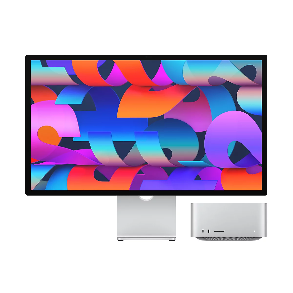 Ein Apple Studio Display und ein Mac Studio Computer vor weißem Hintergrund mit abstraktem, buntem Bildschirmhintergrund.