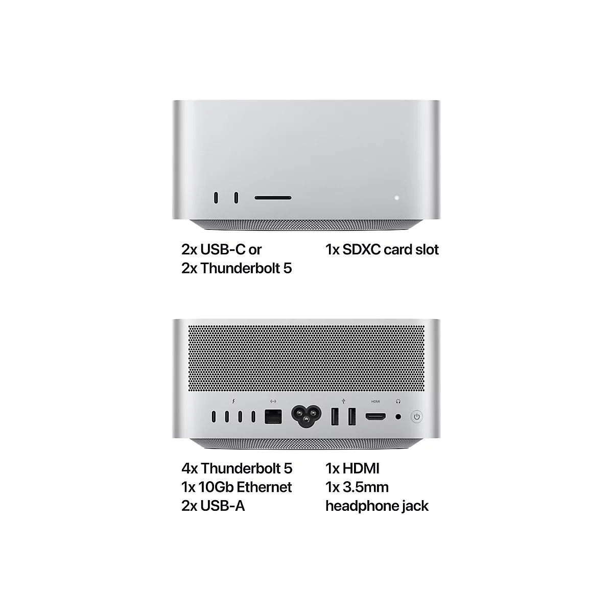 Zwei Ansichten eines silbernen Mac Studio, mit Front- und Rückanschlussdetails. Beschriftungen zeigen Anschlüsse wie USB-C, Thunderbolt 5, SDXC-Kartensteckplatz, HDMI und Kopfhöreranschluss.