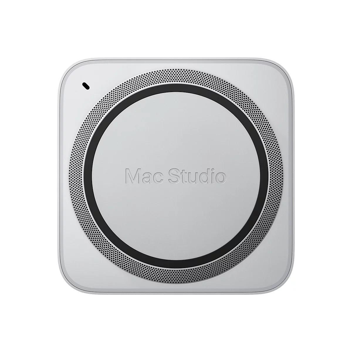 Hellgraues Mac Studio, rundliche quadratische Form, schwarzer Ring mit Lüftungslöchern, Schriftzug "Mac Studio".