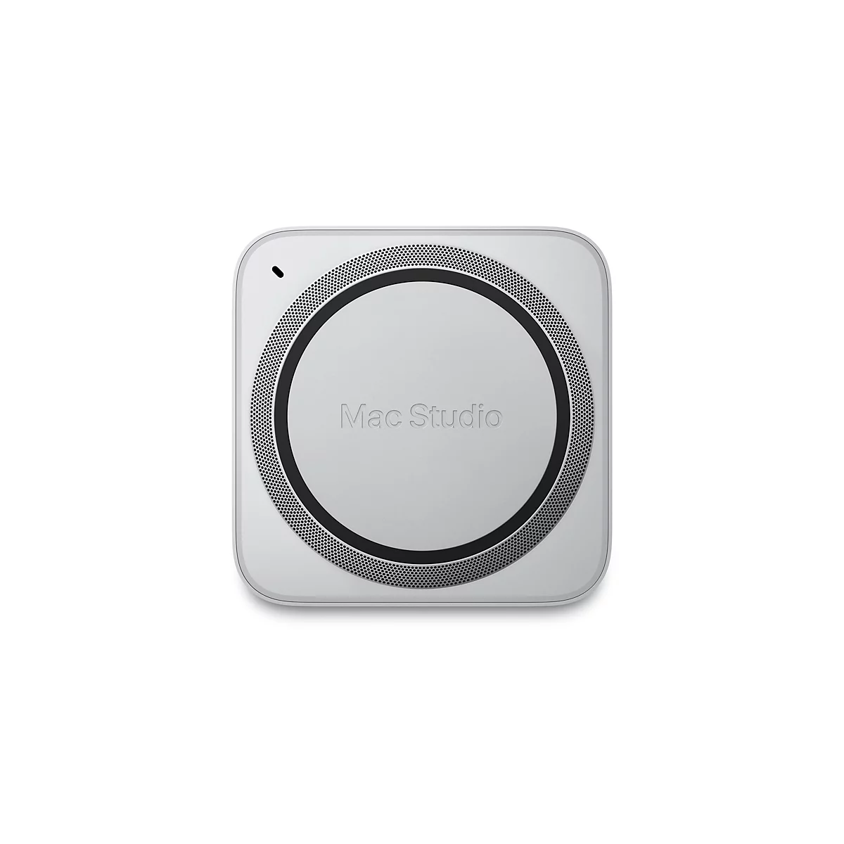 Der Mac Studio, ein quadratischer, silberfarbener Computer, mit einem perforierten, schwarzen Ring um die Mitte und dem Schriftzug "Mac Studio".