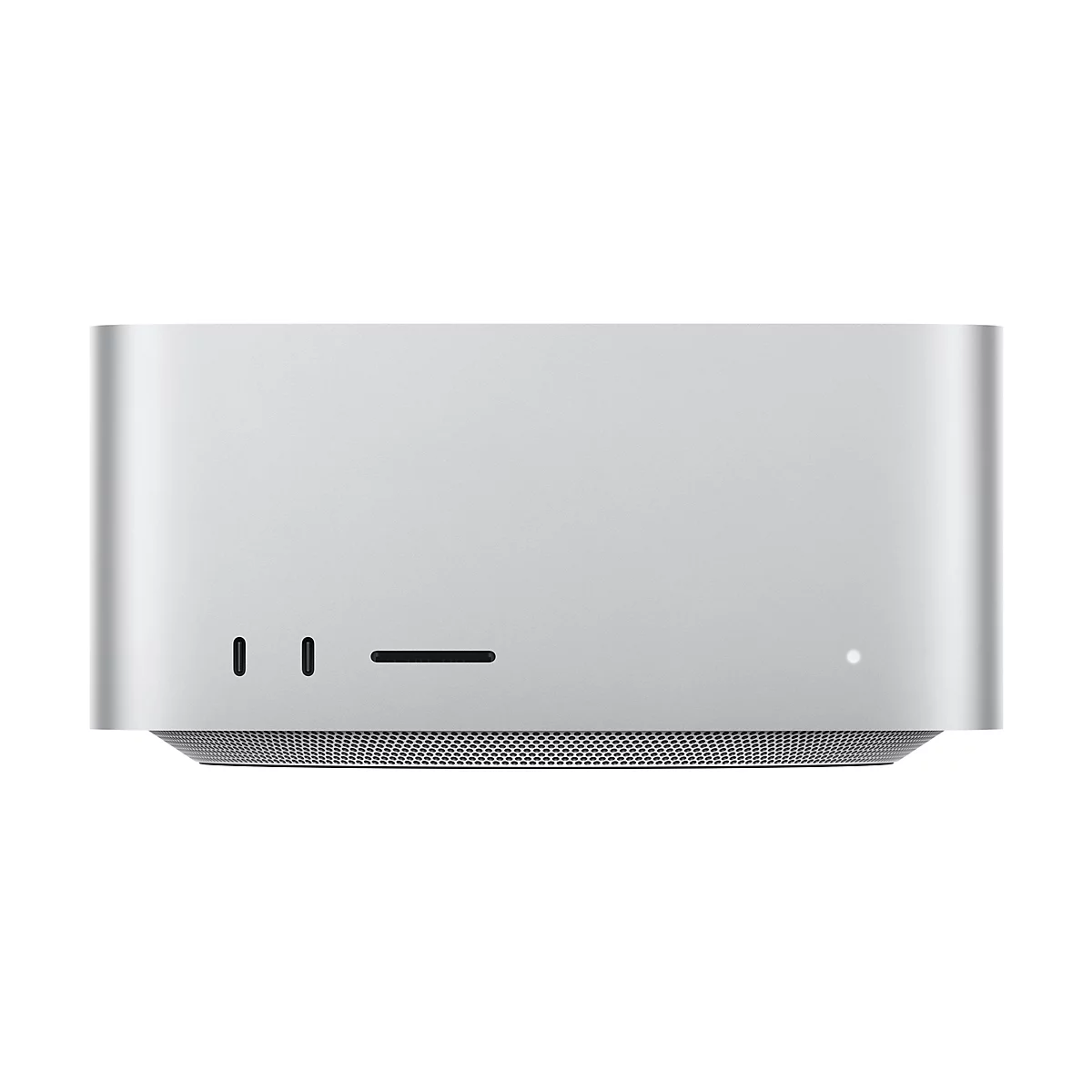 Ein silberner Mac Studio Computer, von vorne fotografiert. Oben befindet sich eine Reihe von Anschlüssen, unten ein Lüftungsgitter.