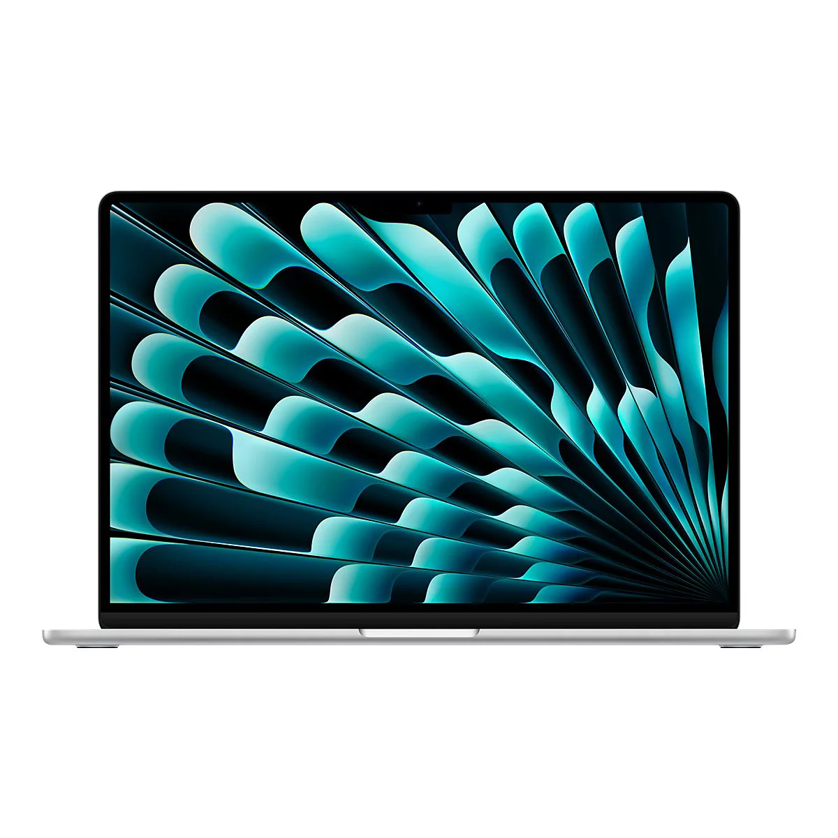 Silbernes Laptop mit einem Bildschirm, der ein abstraktes blau-grÃ¼nes Design zeigt.