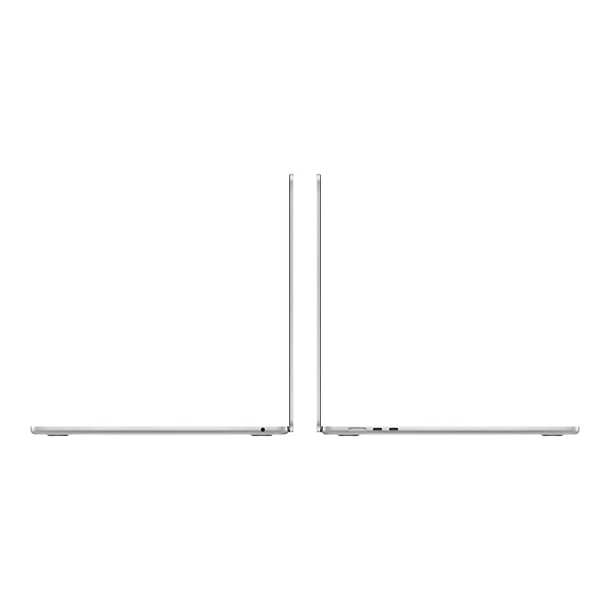 Zwei silberne Laptops, Ansicht von der Seite, zeigen die Anschlüsse und das Design.