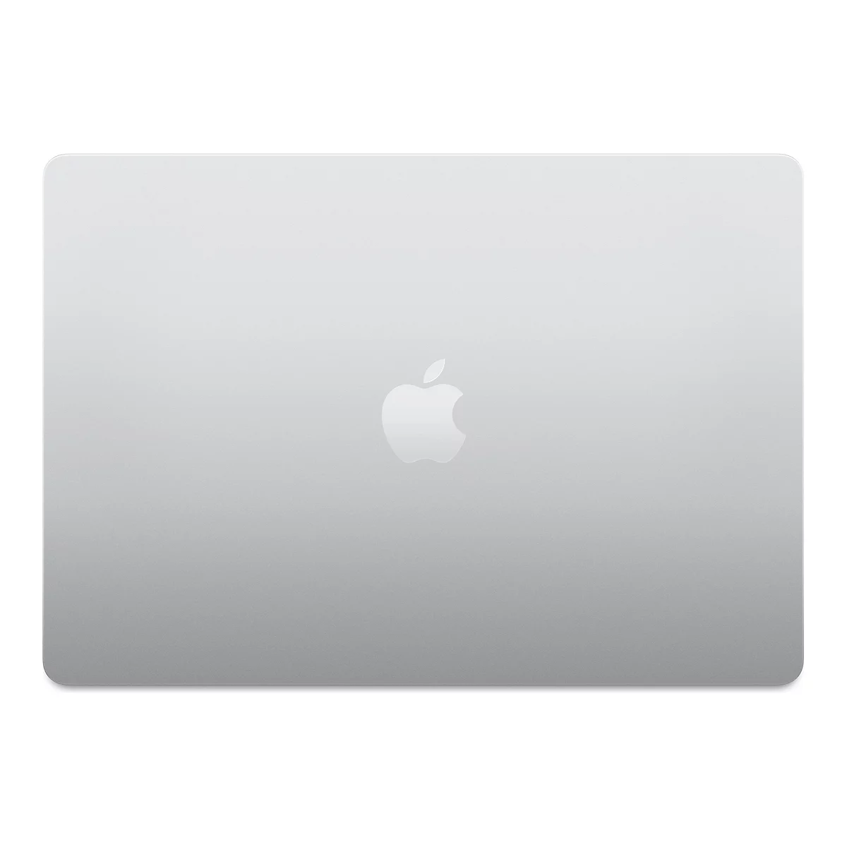 Draufsicht auf ein silbernes Macbook mit dem Apple-Logo in der Mitte.