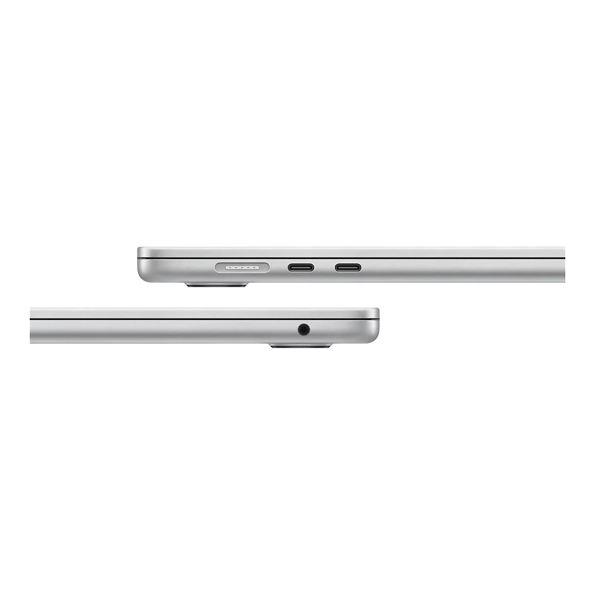 Zwei silberne Laptops im Profil, einer oben, einer unten. Der obere zeigt AnschlÃ¼sse. Der untere zeigt einen KopfhÃ¶reranschluss.