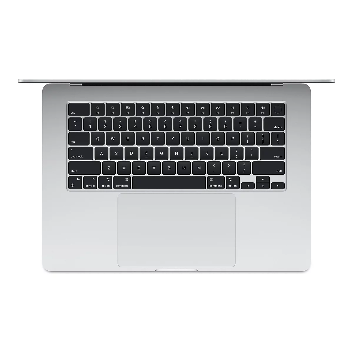 Draufsicht auf ein silbernes Macbook, die Tastatur ist schwarz, das Trackpad ist weiÃŸ.